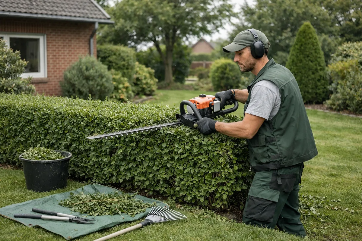 Gärtner eines Partnerbetriebs schneidet eine Hecke.