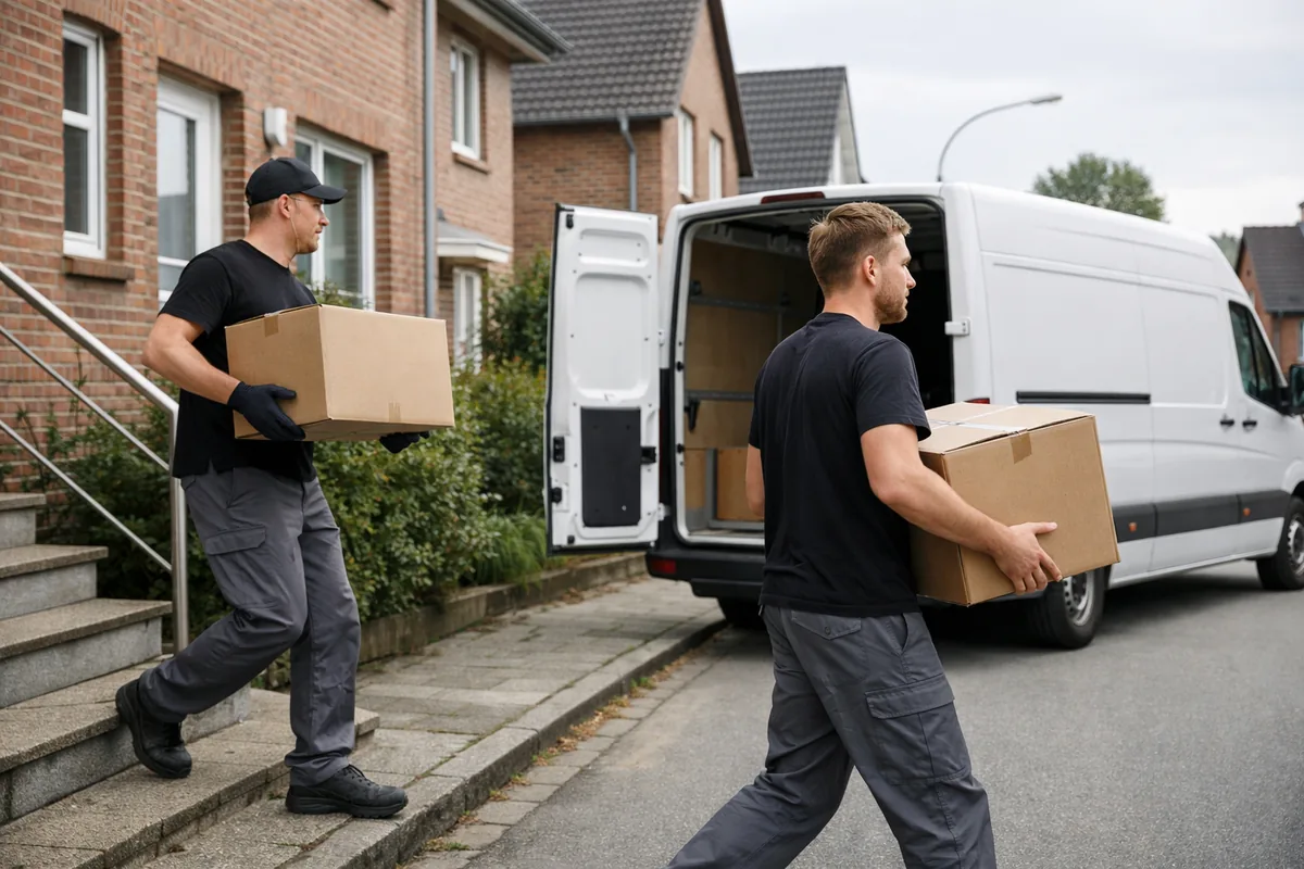 Mitarbeiter eines Umzugsbetriebs tragen Kartons zu einem Transporter.