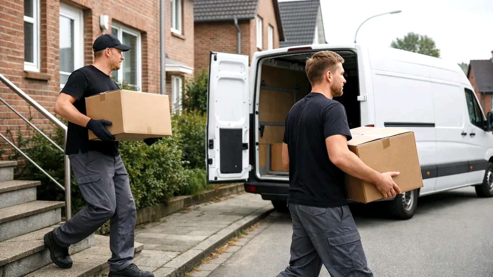 Helle Darstellung von Helfern mit Kartons als Beispiel für Haushaltsauflösung und Transport.